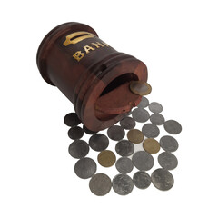 Wooden piggy bank for kids on a plain white background.