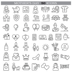 Art & Illustration A collection of minimalistic line icons themed around Mother's Day, Mother's Day Line Icons Set 