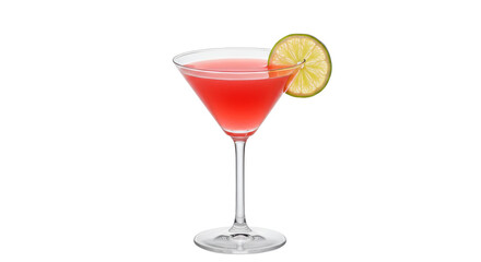 A cosmo cocktail in a martini glass with a lime wedge against a stark black background image view