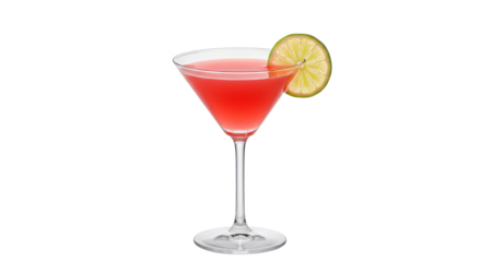 A cosmo cocktail in a martini glass with a lime wedge against a stark black background image view