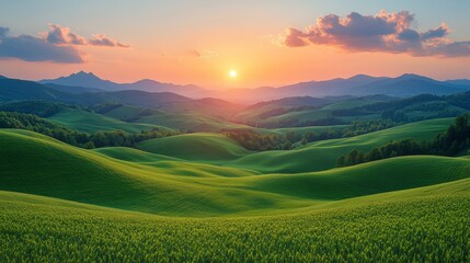 Naklejka premium Vibrant sunset over rolling green hills and mountains.