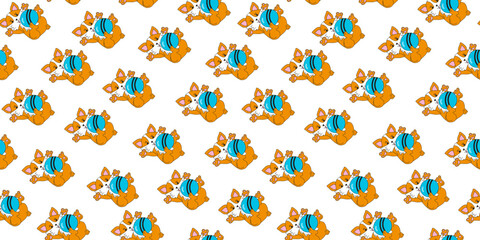 Pattern seamless. Cute funny puppy plays with a ball. Cartoon corgi dog. Cheerful pet with a toy. Vector illustration on isolated background.