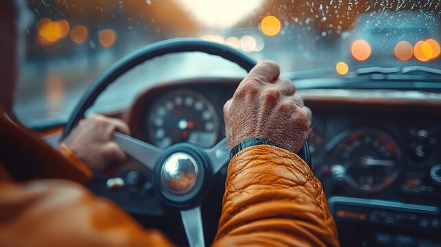 Close-up of hands gripping vintage car steering wheel during rain.
