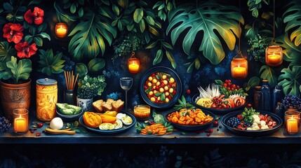 Fototapeta premium A vibrant feast showcasing a variety of dishes and ingredients amidst tropical foliage and candles