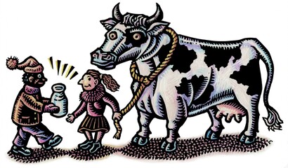 man brings milk to woman with giant cow