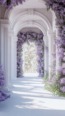 Fototapeta premium Floral Pathway With Architectural Beauty. A stunning white architectural pathway is framed by pillars and arches, adorned with vibrant purple flowers and lush greenery.