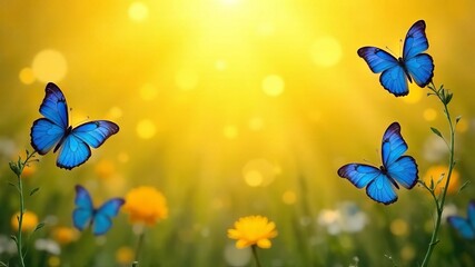 Blue butterflies on yellow background with bokeh, space for text
