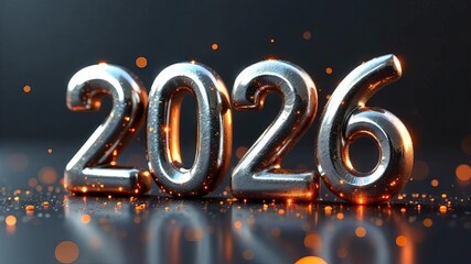 New Year and christmas concept. Silver numbers 2026 on black background with bokeh