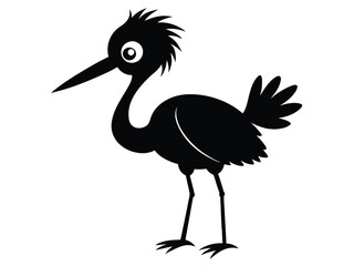 Black silhouette vector illustration of a stork, a wild bird animal with a long beak, isolated in nature