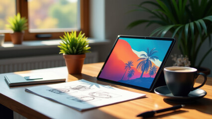 A laptop computer on a table next to a cup of coffee