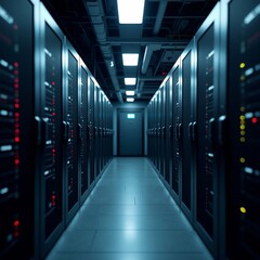 long corridor data center corridor lined rows servers both sides red yellow lights servers arranged neat orderly manner floor concrete ceiling high has multiple rows lights creating bright modern
