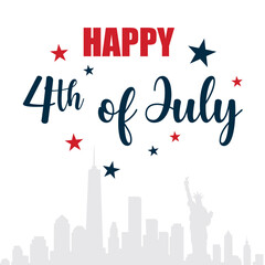 4th of July independence day with American City skyline including statue of liberty. Patriotic design for American Independence Day celebration. 