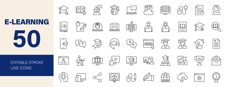 E-learning icon set. Online Education related line icons: e-book, training, distance learning, online learning, webinar, knowledge, study, school and more. Editable stroke. Vector illustration.
