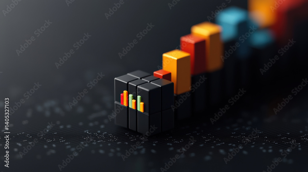 Poster series of colorful 3D bar graphs on dark digital surface represent data analysis and business growth. vibrant bars stand out, symbolizing financial trends and market insights