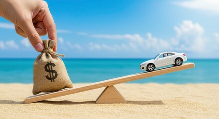 Concept of car loan, car price, or car insurance. A bag of money and a car on a seesaw at the beach.