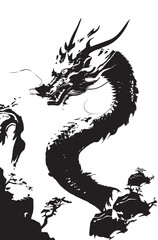 This monochrome dragon illustration fuses japanese painting with street art, featuring aggressive brush, splattered ink texture, and modern design energy,Ideal for bold fashion,backgruond or tech case