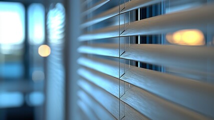 Close-up of modern window blinds.  Soft light filtering through