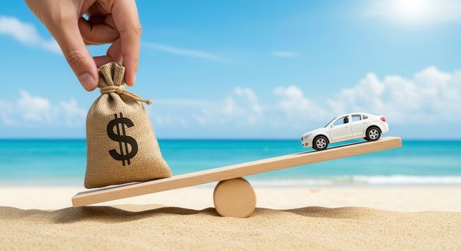 Balancing act, Money bag and toy car on a seesaw at the beach. Concept for car loan, car finance, car insurance, or saving for a car.