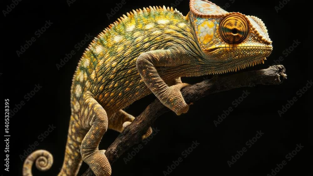 Poster a close-up view of a chameleon sitting on a branch, its colors blending with the surroundings.