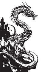 A dragon in a valley drawn in raw black ink with dirty brush marks and a dripping water texture. Bold graffiti vibes meet oriental roots perfect for shirt pattern, iPhone case, or edgy screen backdrop