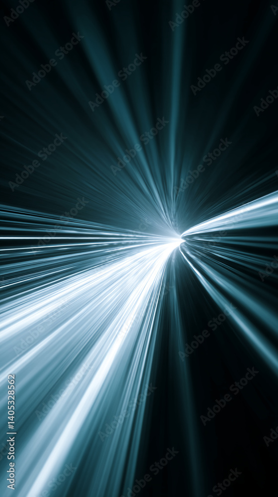 Poster abstract image of converging teal light streaks, creating a dynamic, fast-moving visual effect, symb