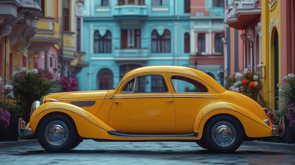 Yellow vintage car parked on a colorful street.
