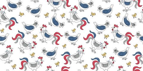 Pattern rooster, hen and chicken. Poultry, family. Animals, birds on the farm. Graphic design modern continuous line drawing