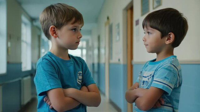 Two brothers or friends standing together in a corridor.