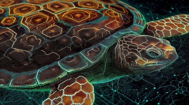 glowing turtle shell pattern on UHD LED screen with pixel detail

