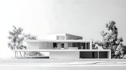 Minimalist house model illustration highlighted against a white backdrop, showcasing clean architectural features