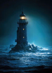Amidst turbulent waters, a solitary lighthouse emits a warm glow, guiding sailors through the night. The moonlight dances on crashing waves, creating an ethereal atmosphere.