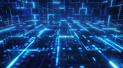 Futuristic Digital Grid Background with Glowing Blue Tech Lines and Data Blocks