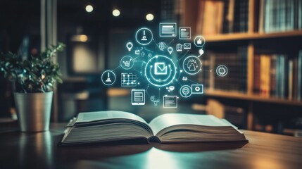 Open book, digital icons, library, night, e-learning