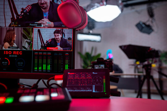 Professional Podcast Studio with Multiple Cameras and Lighting Setup