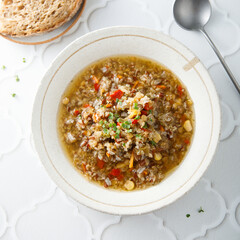 Healthy vegan lentil soup with vegetables