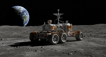 Robotic lunar rover on moon surface with view of the Earth planet. Space exploration and technology development in cosmos. World Space Week. Satellite launches and flights to the moon concept.