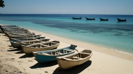 Fototapeta premium Tropical beach boats, ocean view, sunny day, island, tourism