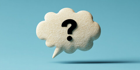 Textured beige speech bubble with black question mark, against light-blue background, symbolizing inquiry, question, doubt, or uncertainty