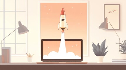 Rocket launching from laptop screen in home office (1)