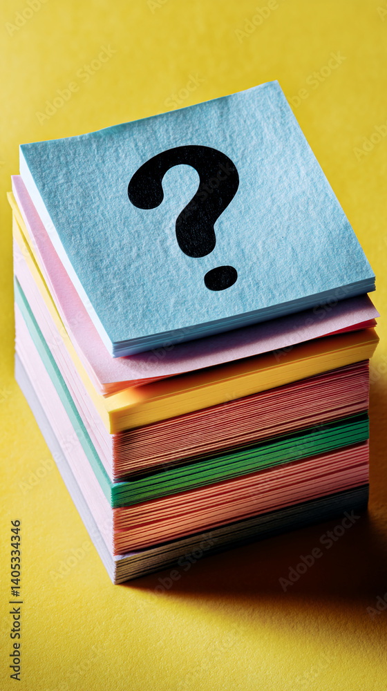 Aufkleber Stack of colorful paper notes, top sheet displays a black question mark, suggesting uncertainty, inquiry, or problem-solving concept