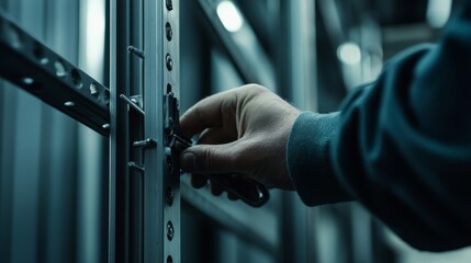 Construction worker tightening bolts on a steel frame structure. Featuring precision and coordination