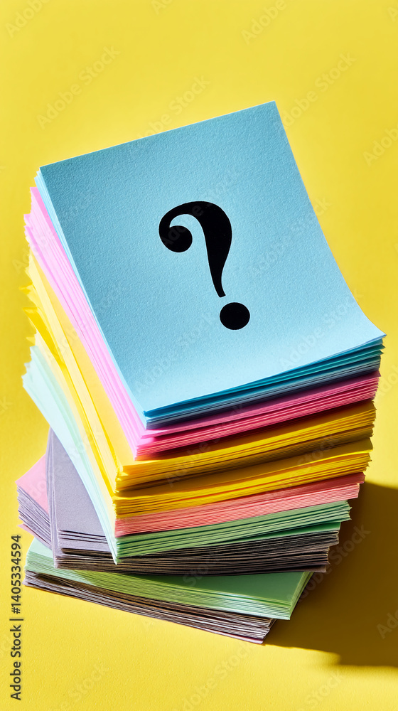 Poster Stack of colorful paper notes with a question mark, on yellow background, symbolizing questions, answers, or problem-solving
