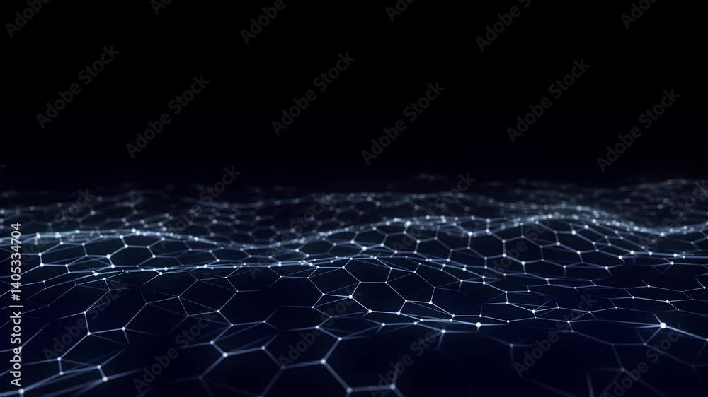 Poster futuristic hexagon wave. dark cyberspace. abstract wave with dots and line. blue moving particles on