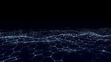 Futuristic hexagon wave. Dark cyberspace. Abstract wave with dots and line. Blue moving particles on a black background. 3d rendering. - Powered by Adobe