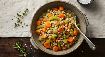 Hearty Pearl Barley Stew With Winter Vegetables And Aromatic Fresh Herbs