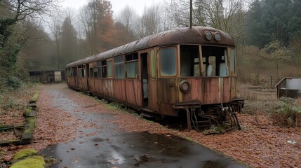 Fototapeta premium Rusty train decays in autumn woodland