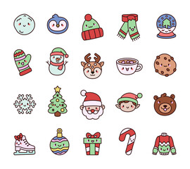 Winter cartoon character set featuring adorable snowman, cheerful penguin, cozy sweater, smiling mug, festive tree, cute reindeer, and holiday decorations for seasonal designs
