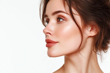 Obraz premium Beautiful model with hairstyle and fashion make-up. Beautiful woman model with perfect curly hairstyle and naturel fresh make-up, beige gloss on lips and ideal shiny skin. Summer style 