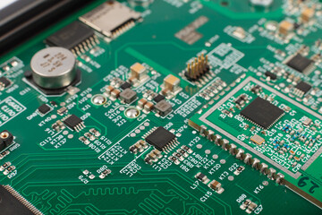 Electronic board close-up, modern electronic circuits