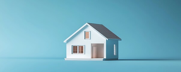 Minimalist house model on a tranquil blue background, portraying simplicity and peace in home design
